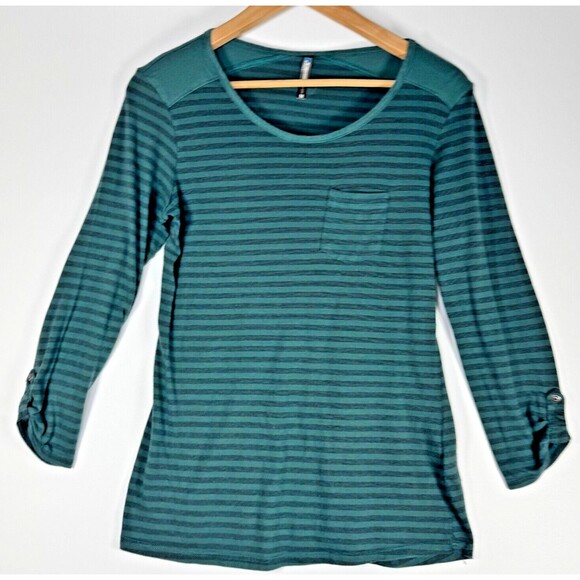Kuhl Women's Medium Green Striped Long Sleeve Roll Tab Casual Outdoor Top - Picture 1 of 12